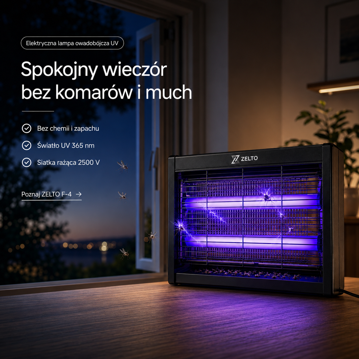 Lampa owadobójcza ZELTO F-4 przy otwartym oknie